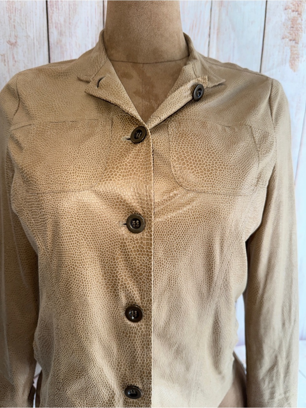 Additions by Chico's Tan textured Snakeskin Button-Front Shirt, suede feel, 0/ S